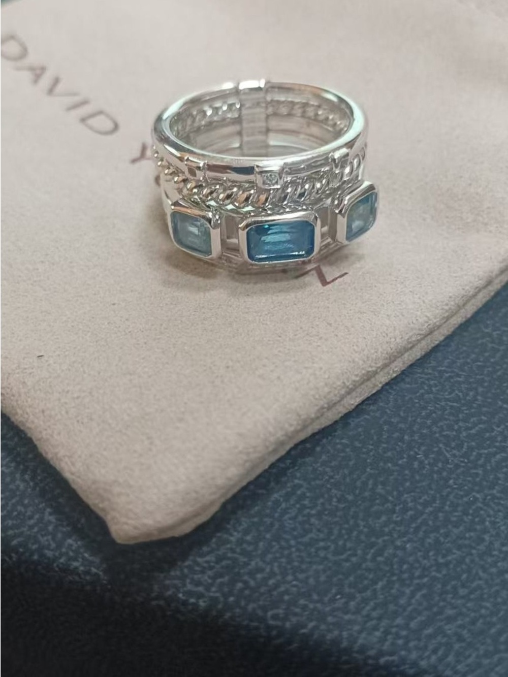 David Yurman Silver Ring with Blue Rectangular Gemstones